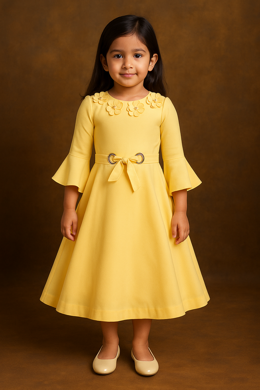 Girls Floral Neckline A-Line Casual Dress with Waist Tie