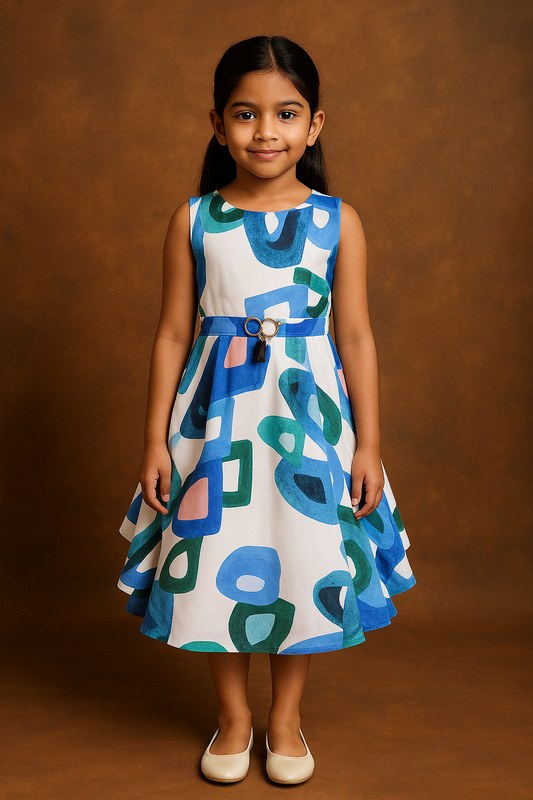 Girls Sleeveless Printed Casual Dress with Tassel Detailing