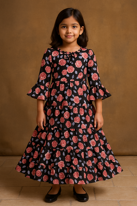 Girls Floral Printed Tiered Casual Dress