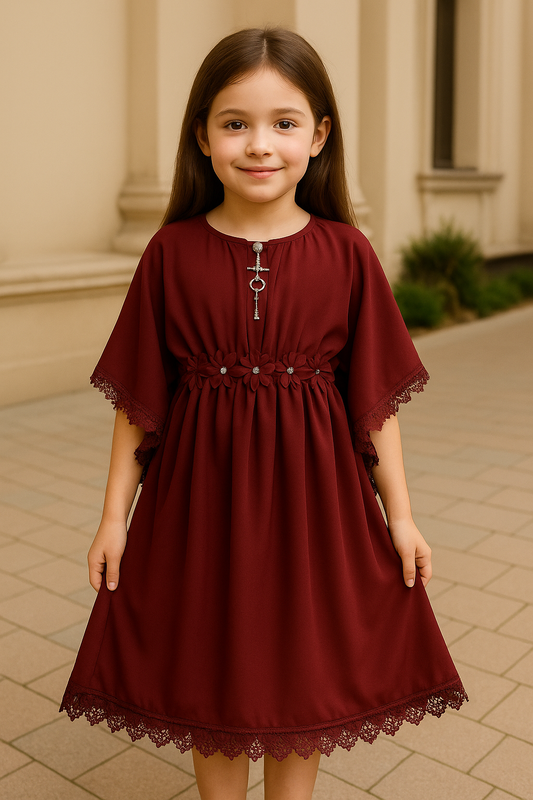 Girls Kaftan Style Casual Dress with Lace Embellishment
