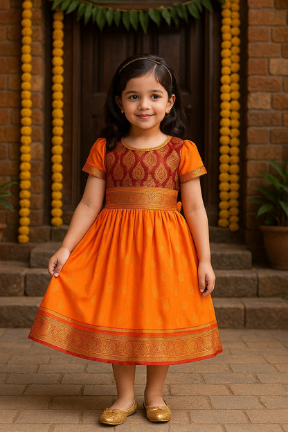Girls Woven Zari Short Sleeve Round Neck Ethnic Dress