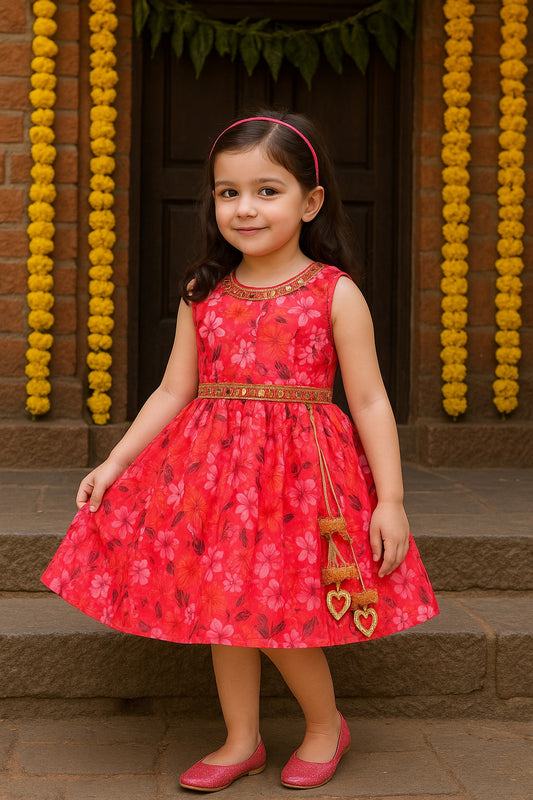 Girls Floral Chiffon Summer Dress with Mirror Work Festive Wear