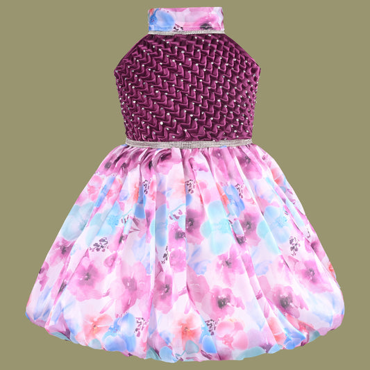 Girls Stone Embellished Floral Print Halter Neck Party Dress