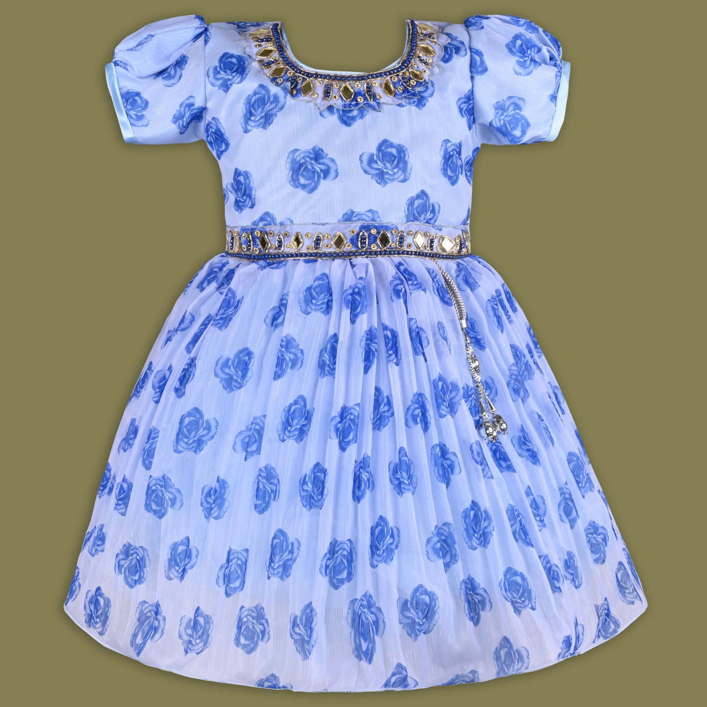 Girls Floral Printed Mirror Embellished Ethnic Dress