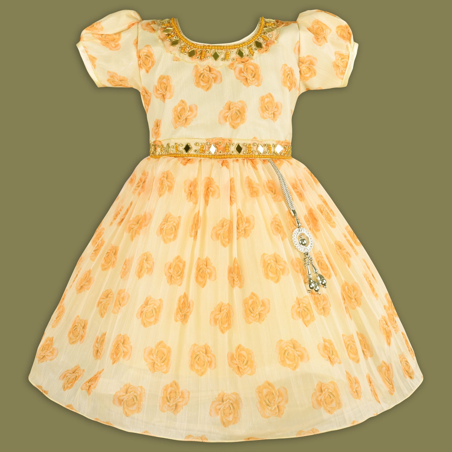 Girls Floral Printed Mirror Embellished Ethnic Dress