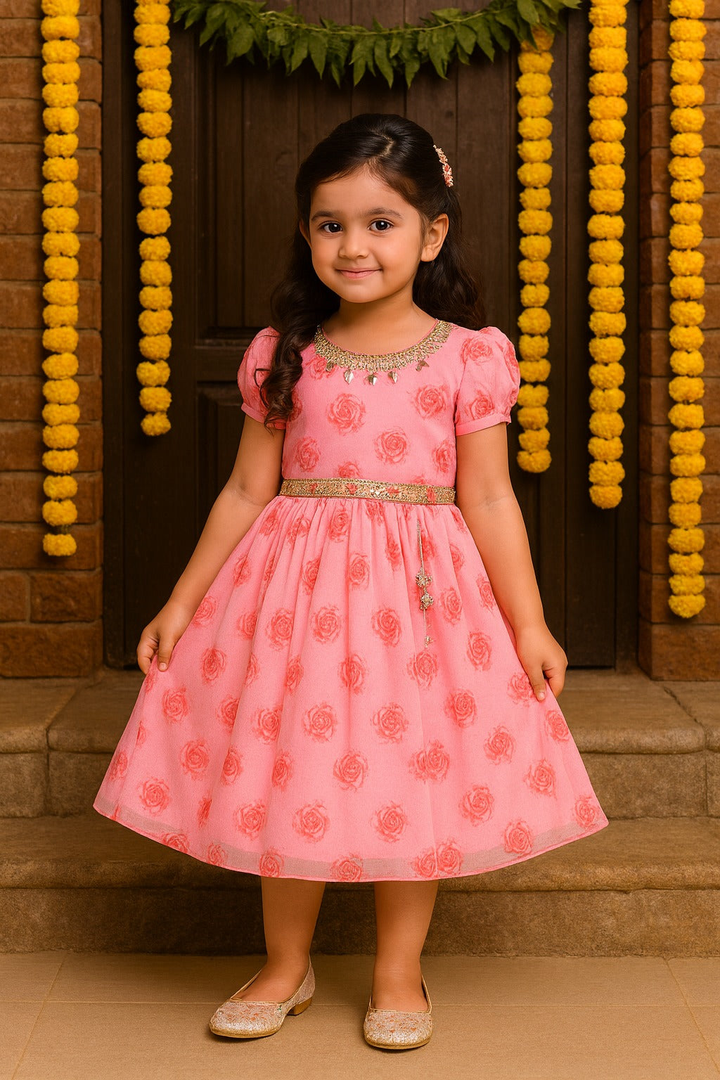 Girls Floral Printed Mirror Embellished Ethnic Dress