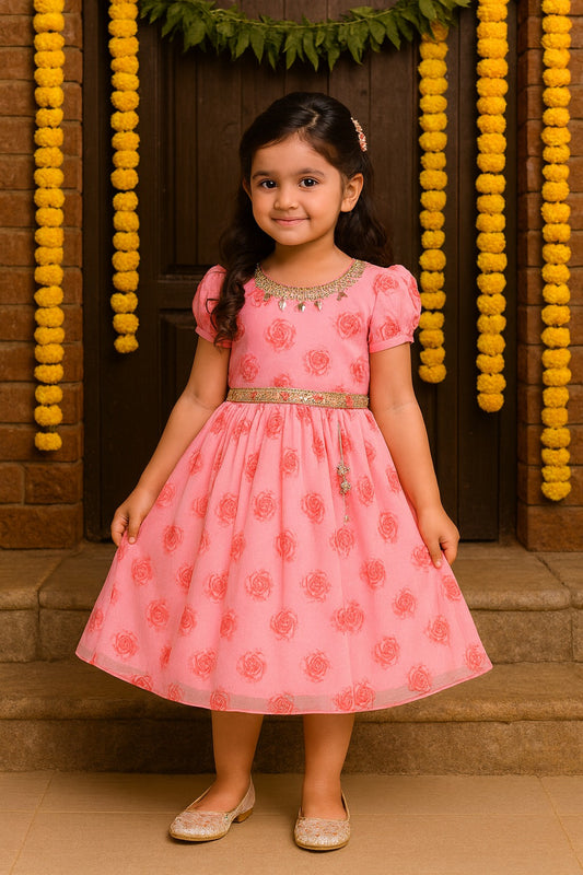 Girls Floral Printed Mirror Embellished Ethnic Dress