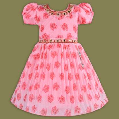 Girls Floral Printed Mirror Embellished Ethnic Dress