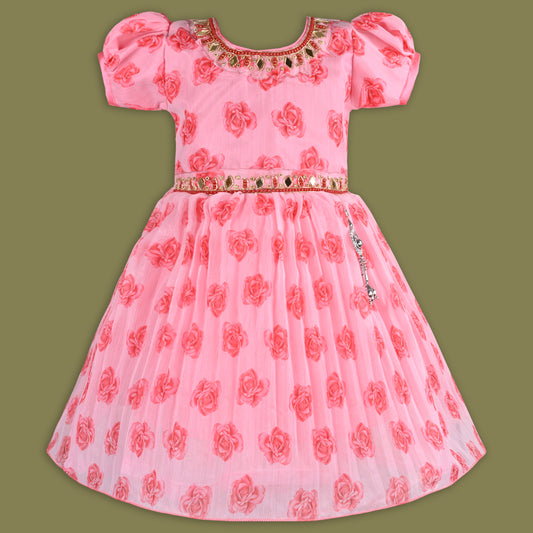 Girls Floral Printed Mirror Embellished Ethnic Dress