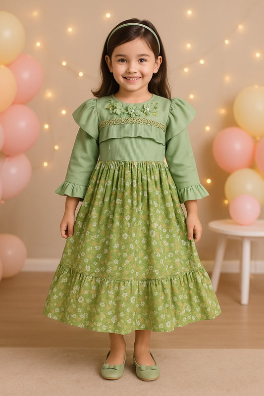 Girls Floral Satin Knee Length Summer Dress with Flared Sleeves