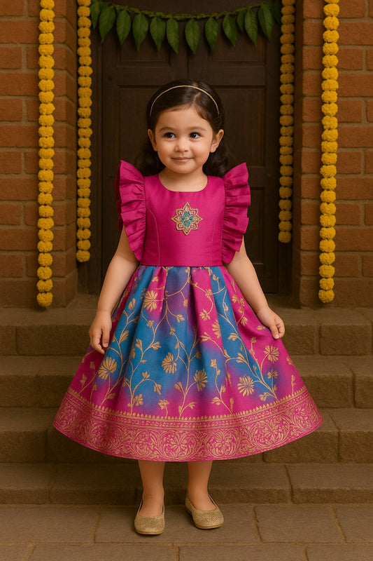 Girls Printed & Bead Embellished Ethnic Dress with Frill Detailing