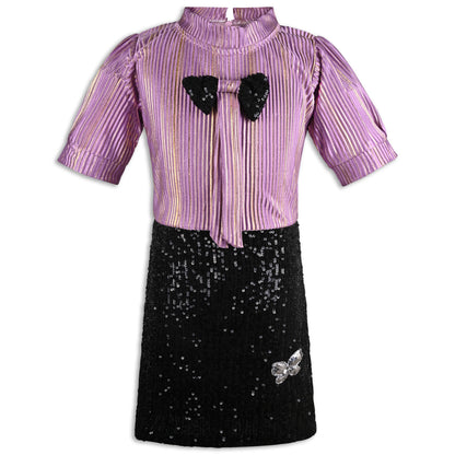 Girls Satin Party Dress with Striped Top & Sequin Skirt