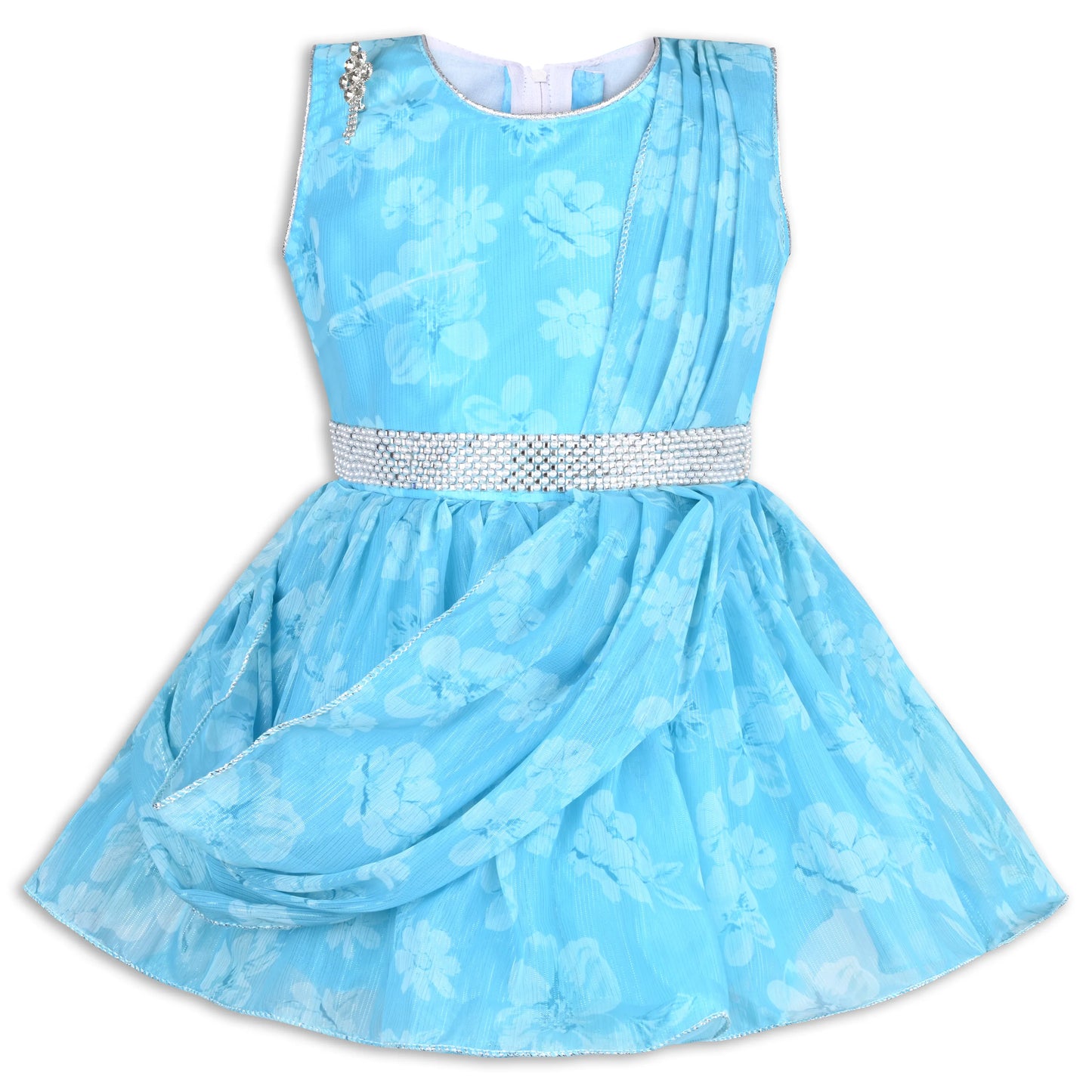 Girls Chiffon Party Dress with Floral Print & Stone Belt
