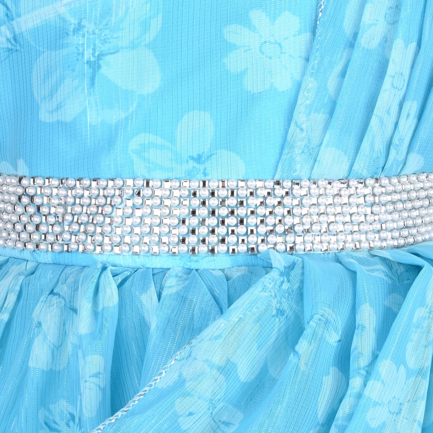 Girls Chiffon Party Dress with Floral Print & Stone Belt