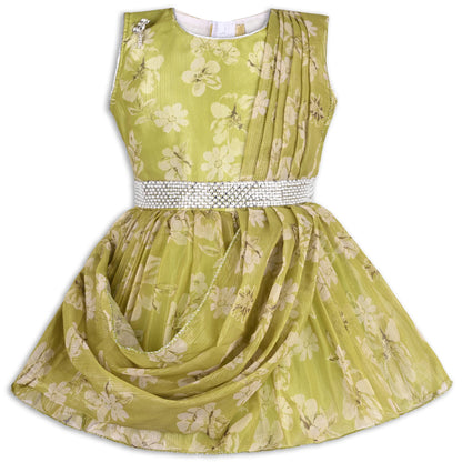 Girls Chiffon Party Dress with Floral Print & Stone Belt