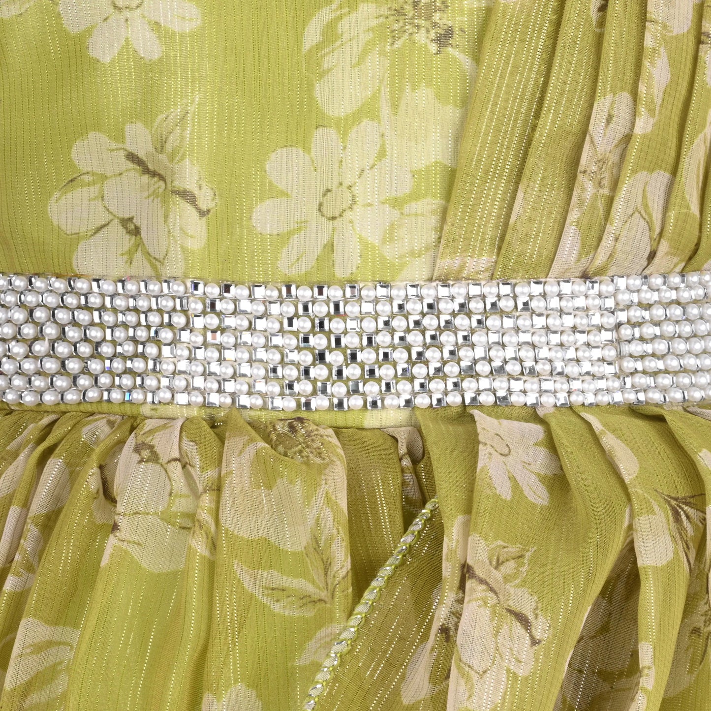 Girls Chiffon Party Dress with Floral Print & Stone Belt