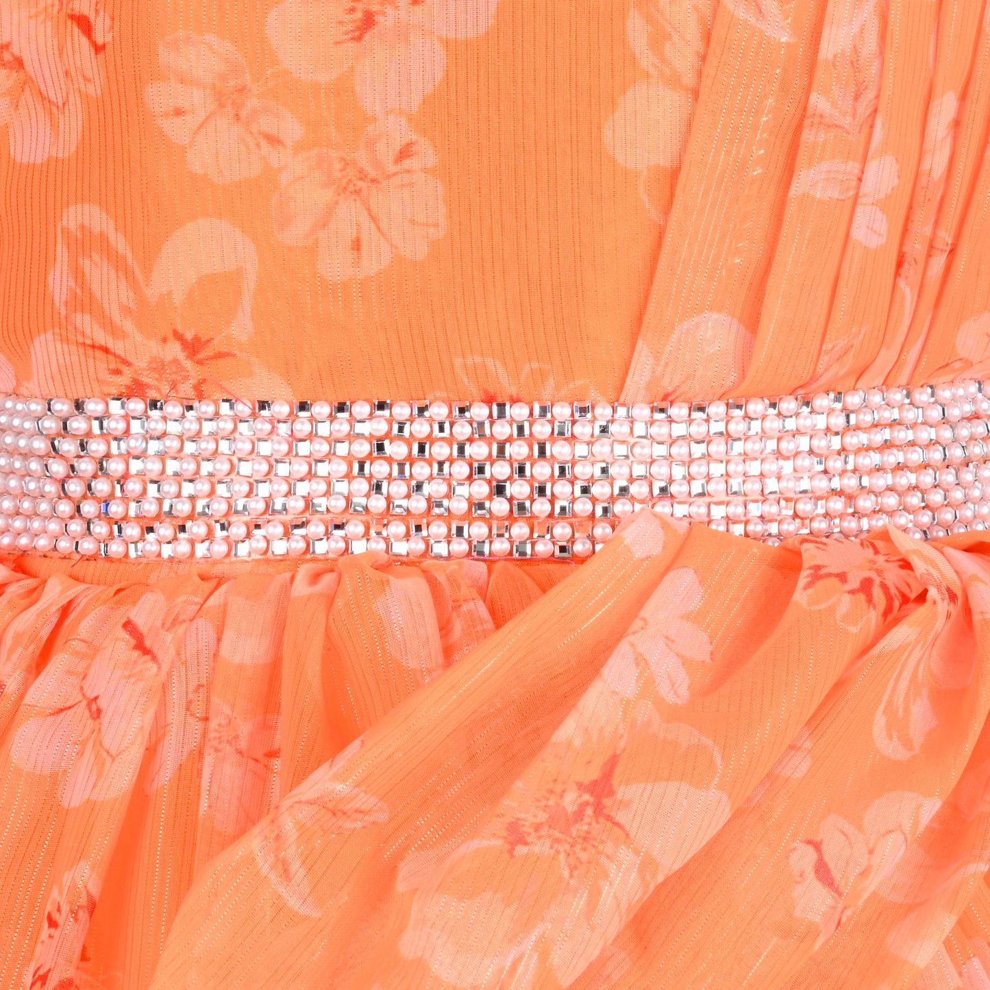 Girls Chiffon Party Dress with Floral Print & Stone Belt