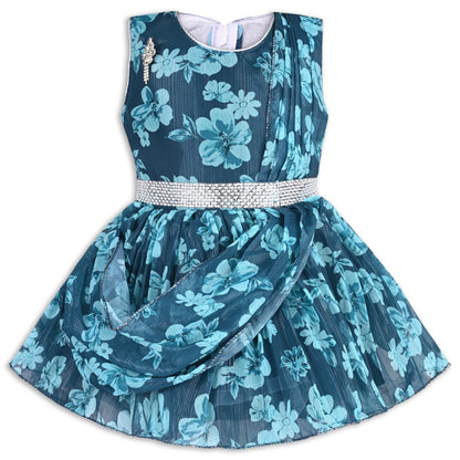 Girls Chiffon Party Dress with Floral Print & Stone Belt