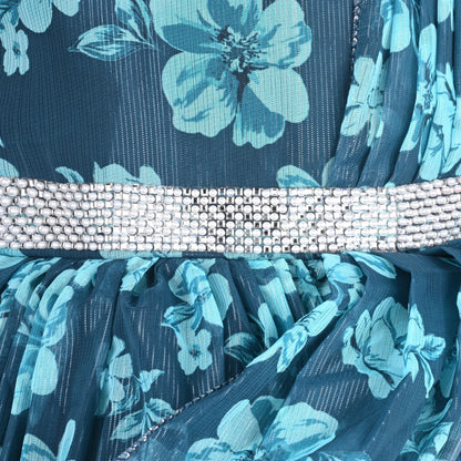 Girls Chiffon Party Dress with Floral Print & Stone Belt