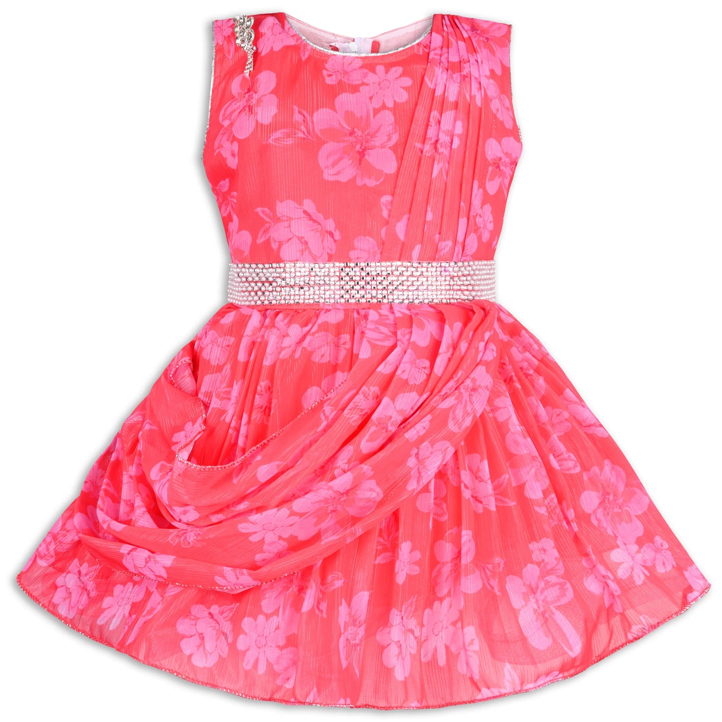 Girls Chiffon Party Dress with Floral Print & Stone Belt