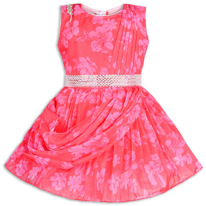 Girls Chiffon Party Dress with Floral Print & Stone Belt
