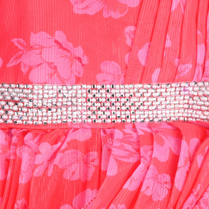 Girls Chiffon Party Dress with Floral Print & Stone Belt