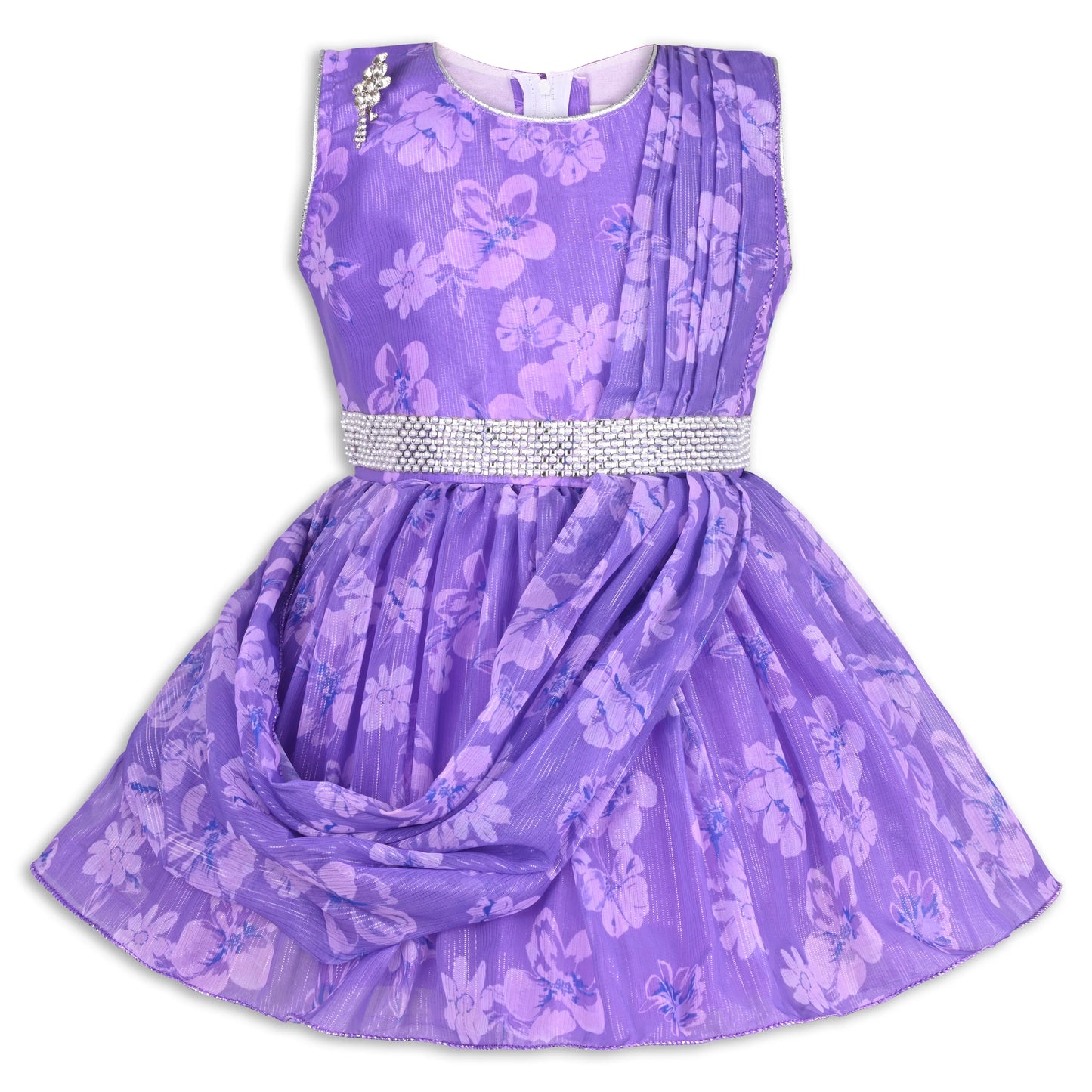 Girls Chiffon Party Dress with Floral Print & Stone Belt