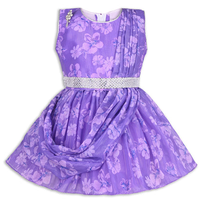 Girls Chiffon Party Dress with Floral Print & Stone Belt