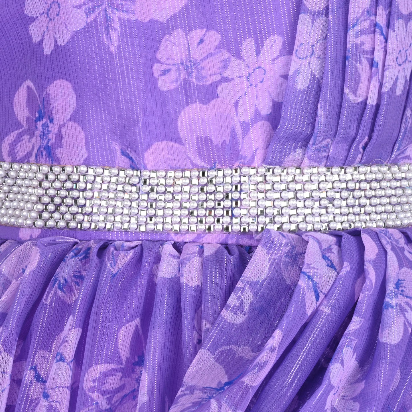 Girls Chiffon Party Dress with Floral Print & Stone Belt