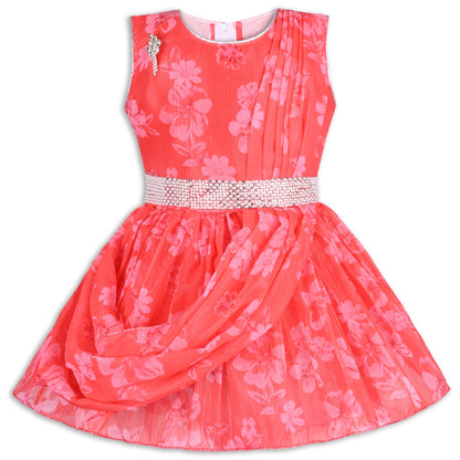 Girls Chiffon Party Dress with Floral Print & Stone Belt