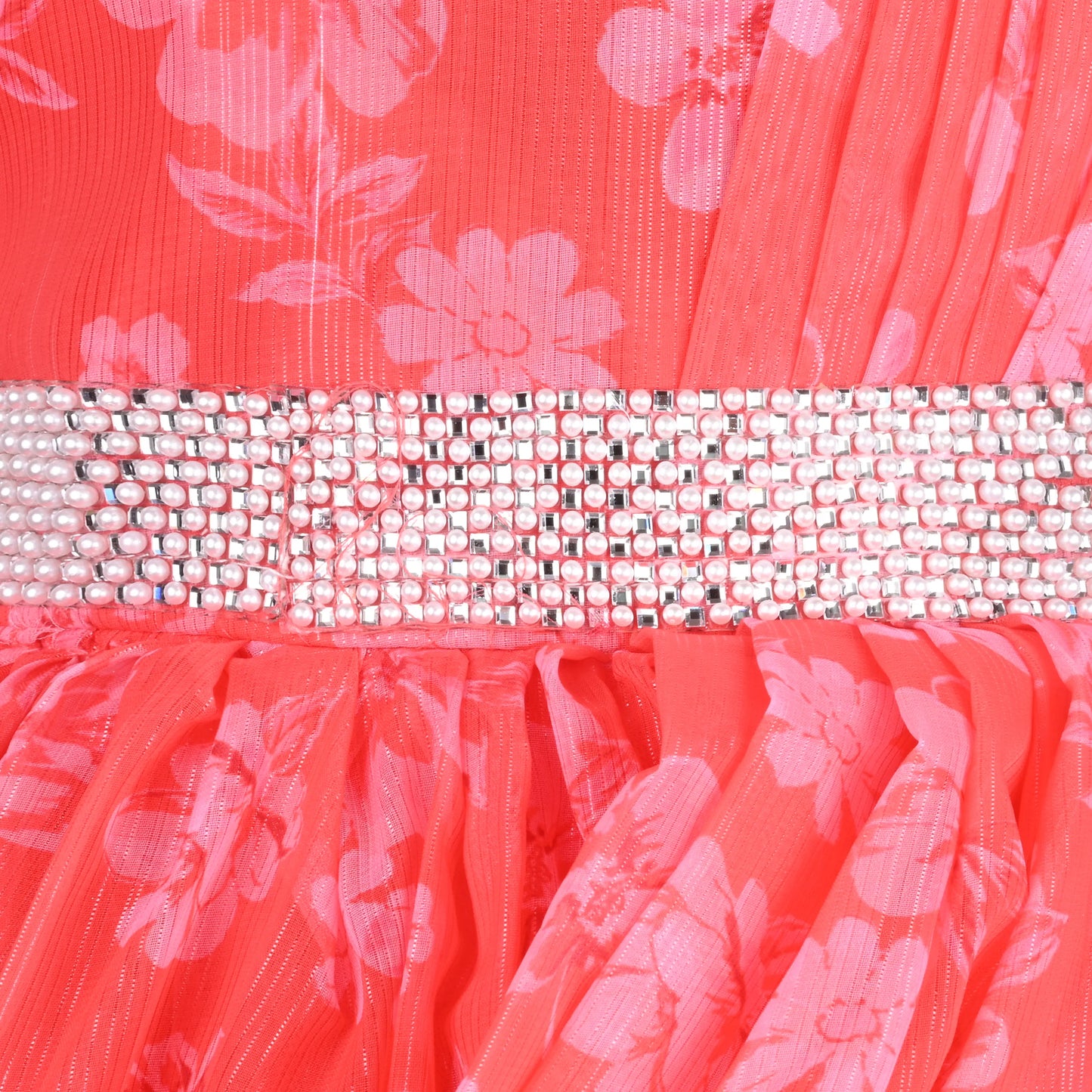 Girls Chiffon Party Dress with Floral Print & Stone Belt