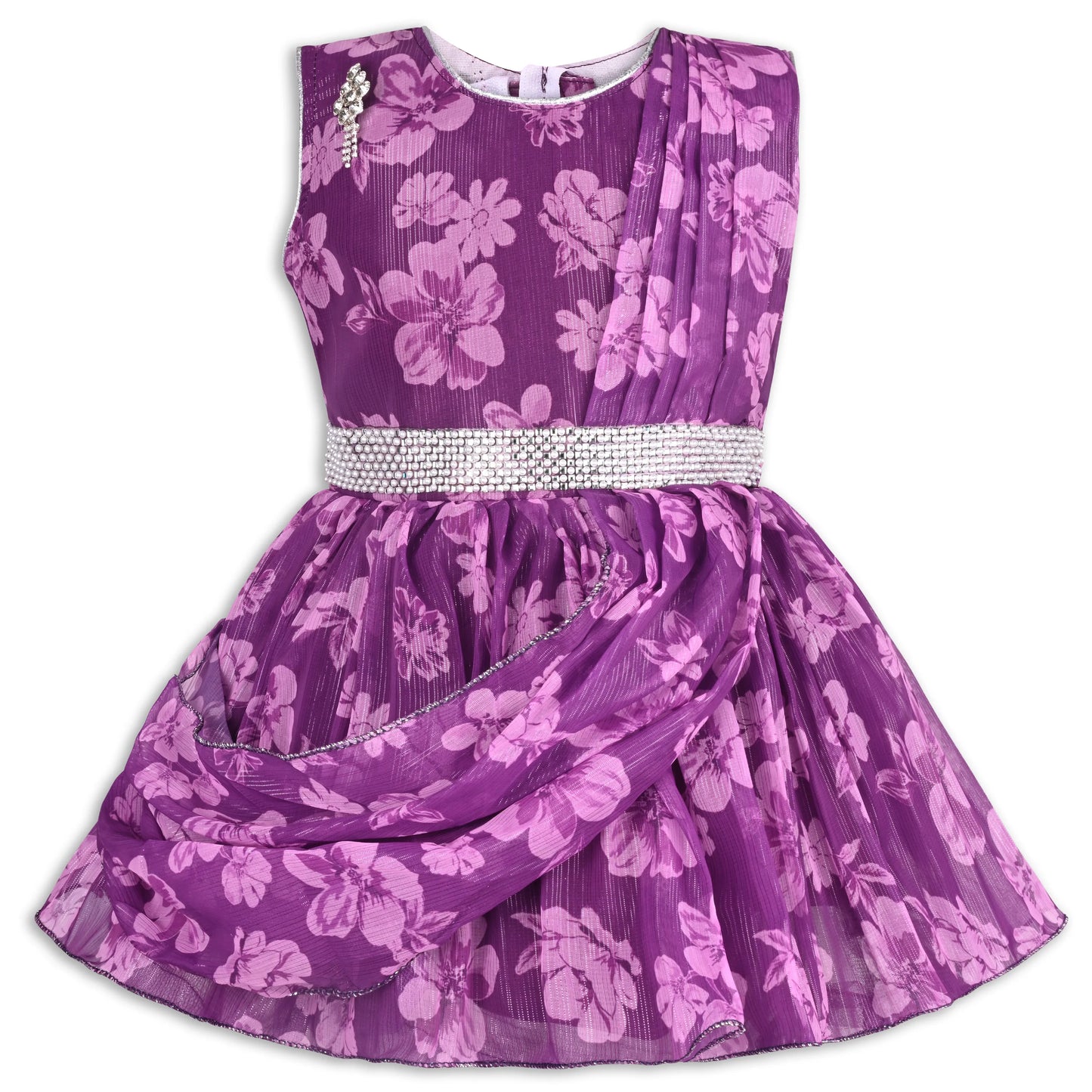 Girls Chiffon Party Dress with Floral Print & Stone Belt