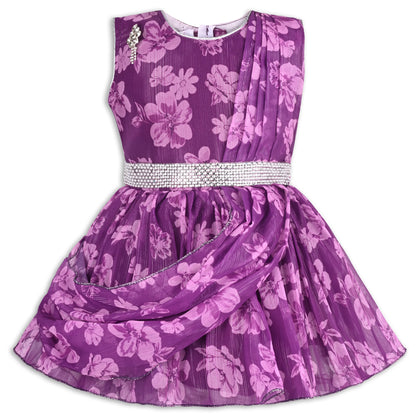 Girls Chiffon Party Dress with Floral Print & Stone Belt