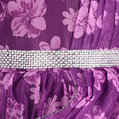 Girls Chiffon Party Dress with Floral Print & Stone Belt