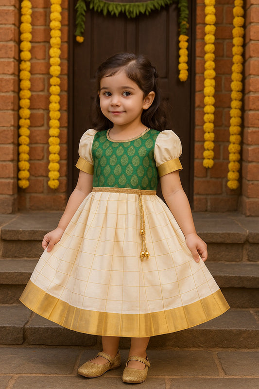 Baby Girls Onam Art Silk Pattu Dress with Puff Sleeves & Golden Zari Border