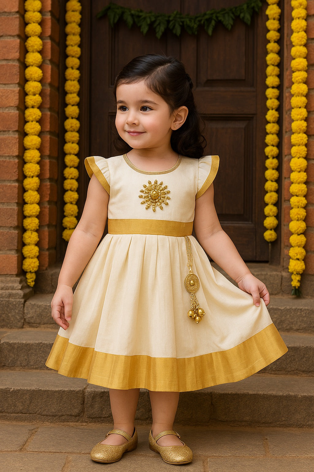 Baby Girls Onam Cotton Pattu Dress with Gold Border & Embellished Yoke