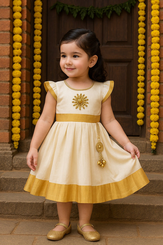 Baby Girls Onam Cotton Pattu Dress with Gold Border & Embellished Yoke