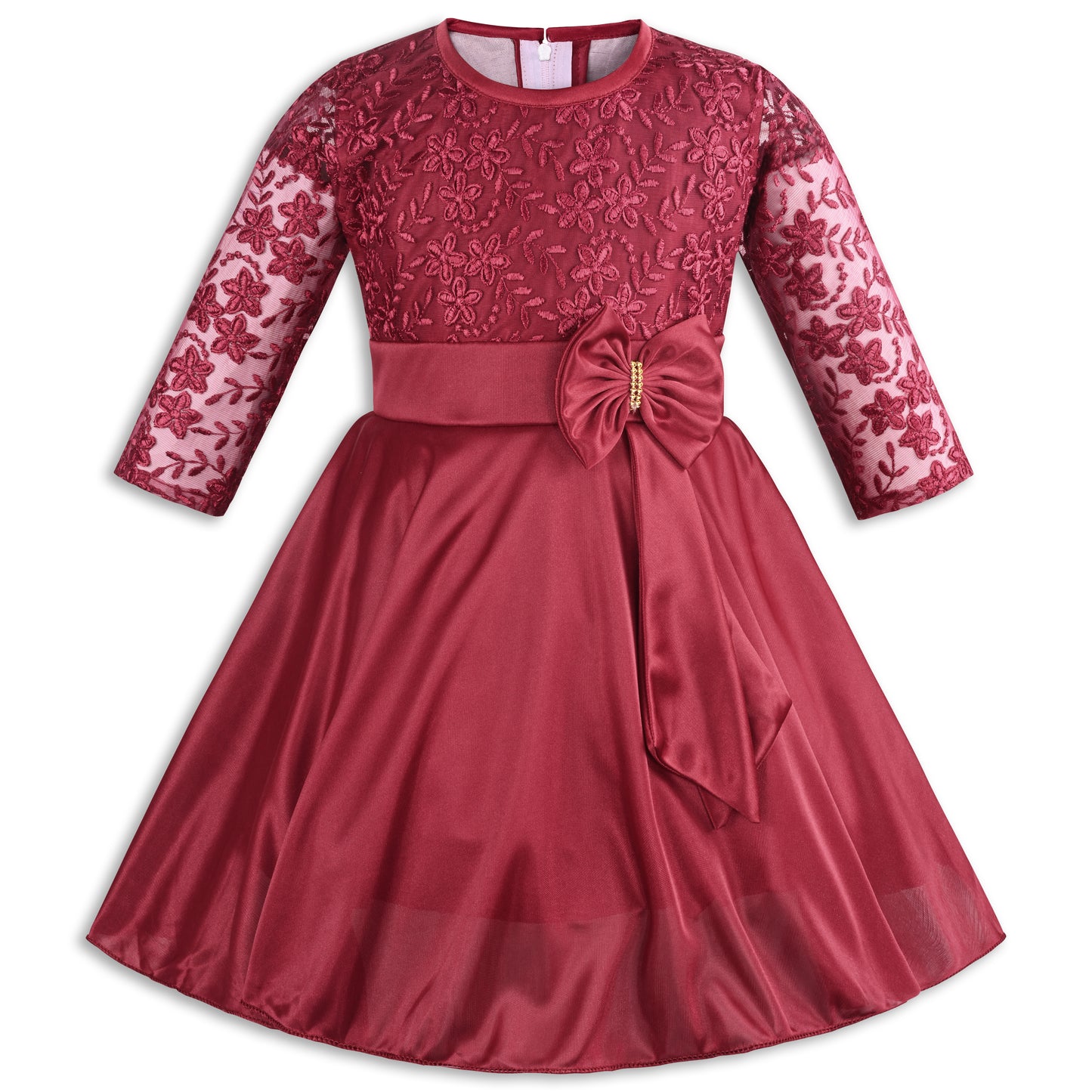 Girls Party Wear Embroidered Fit & Flare Dress | Lycra Fabric | Full Sleeve Floral Net Design with Bow Waist Belt