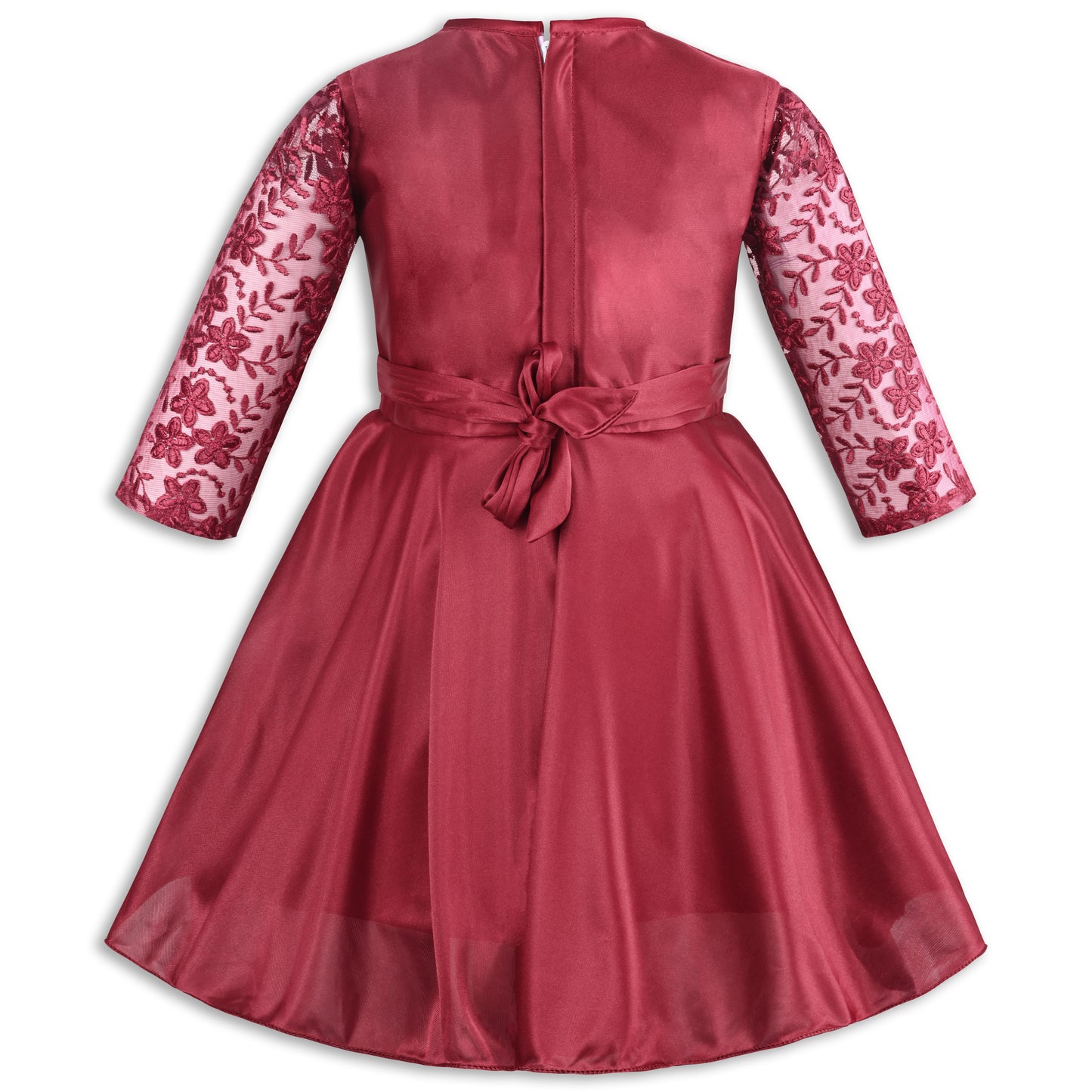 Girls Party Wear Embroidered Fit & Flare Dress | Lycra Fabric | Full Sleeve Floral Net Design with Bow Waist Belt