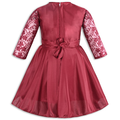 Girls Party Wear Embroidered Fit & Flare Dress | Lycra Fabric | Full Sleeve Floral Net Design with Bow Waist Belt