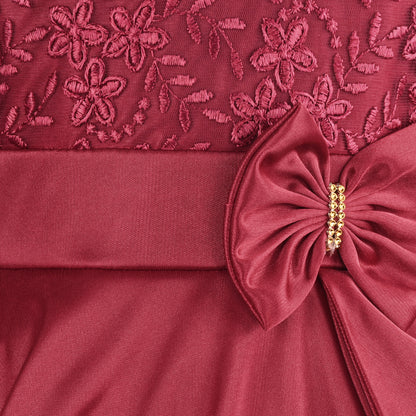 Girls Party Wear Embroidered Fit & Flare Dress | Lycra Fabric | Full Sleeve Floral Net Design with Bow Waist Belt