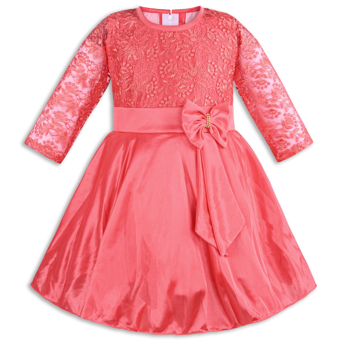 Girls Party Wear Embroidered Fit & Flare Dress | Lycra Fabric | Full Sleeve Floral Net Design with Bow Waist Belt