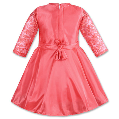 Girls Party Wear Embroidered Fit & Flare Dress | Lycra Fabric | Full Sleeve Floral Net Design with Bow Waist Belt