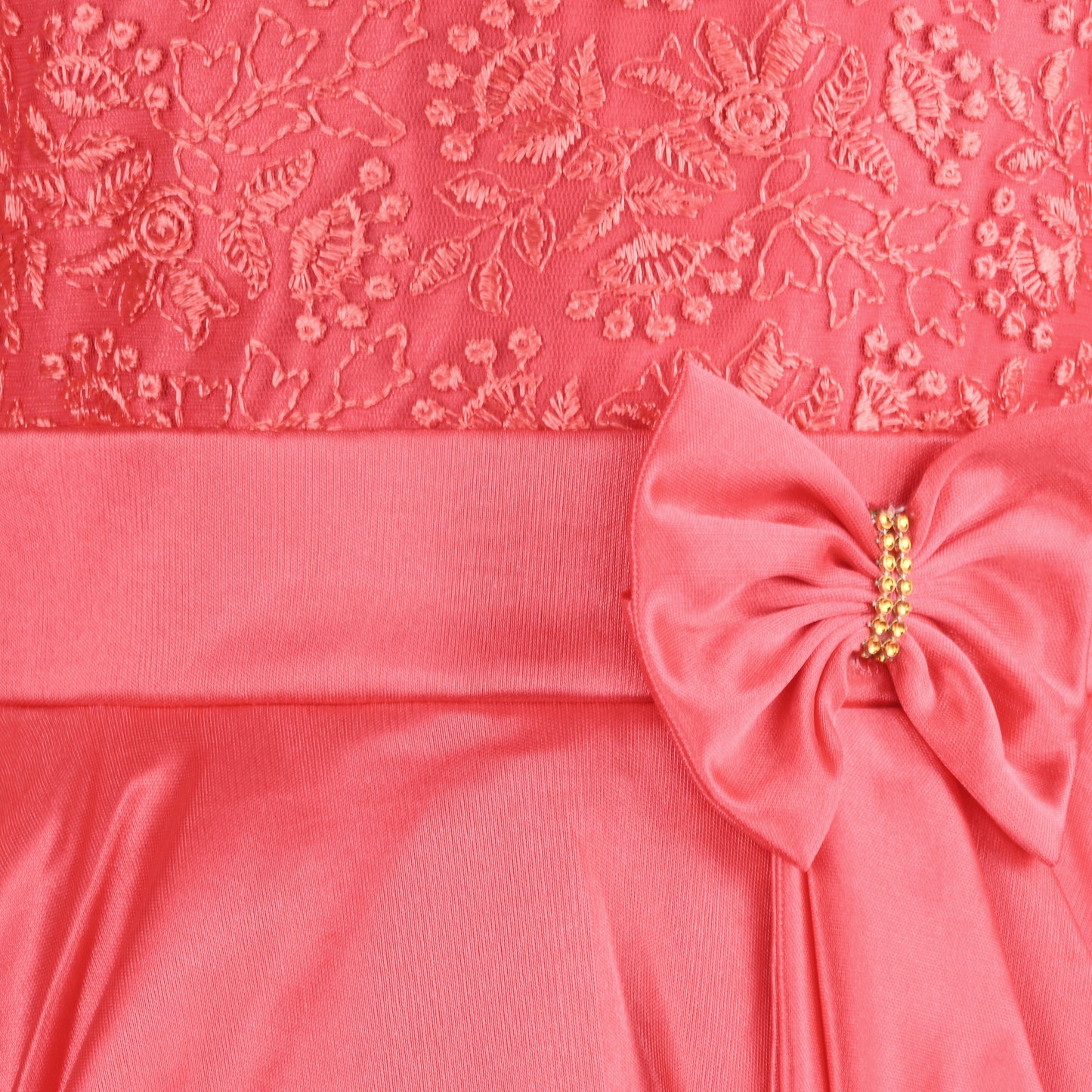 Girls Party Wear Embroidered Fit & Flare Dress | Lycra Fabric | Full Sleeve Floral Net Design with Bow Waist Belt