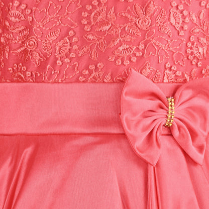Girls Party Wear Embroidered Fit & Flare Dress | Lycra Fabric | Full Sleeve Floral Net Design with Bow Waist Belt