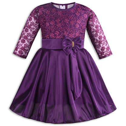 Girls Party Wear Embroidered Fit & Flare Dress | Lycra Fabric | Full Sleeve Floral Net Design with Bow Waist Belt