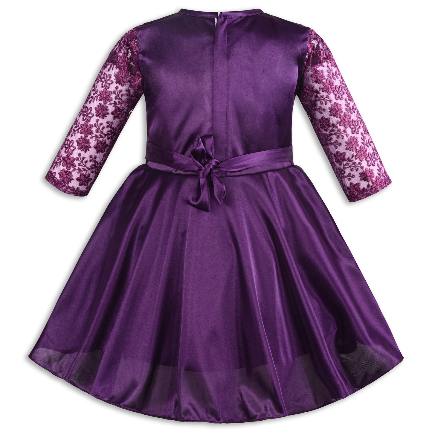 Girls Party Wear Embroidered Fit & Flare Dress | Lycra Fabric | Full Sleeve Floral Net Design with Bow Waist Belt