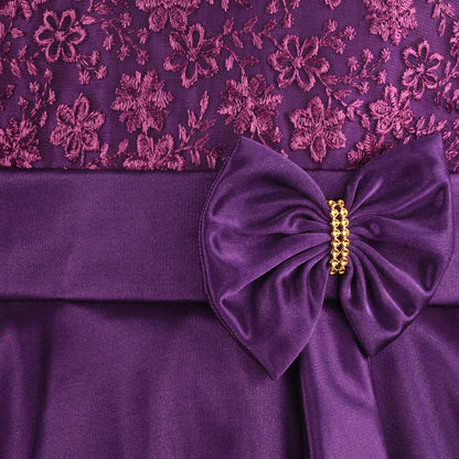 Girls Party Wear Embroidered Fit & Flare Dress | Lycra Fabric | Full Sleeve Floral Net Design with Bow Waist Belt