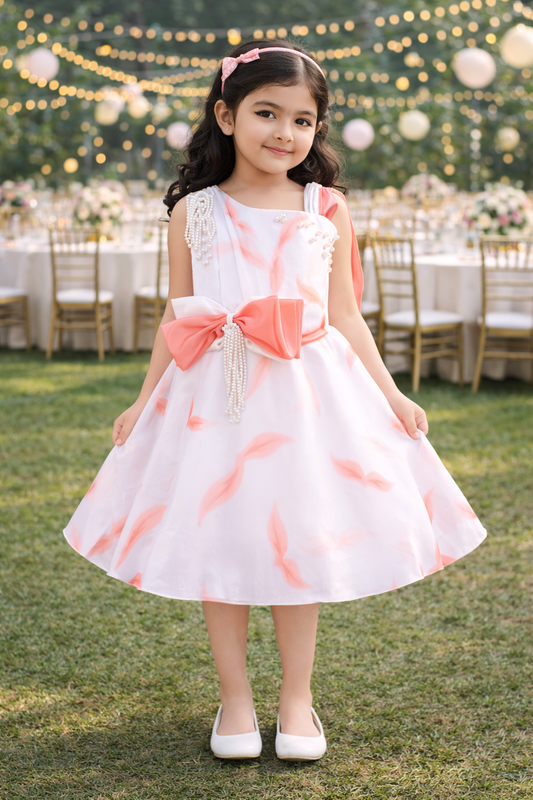 One-Shoulder Satin Floral Pattern with Pearl Bow Detail