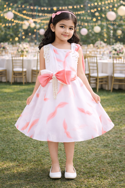 One-Shoulder Satin Floral Pattern with Pearl Bow Detail